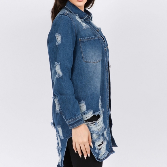 #169 FINAL PRICE 🛑M NEW! Long Length DISTRESSED DENIM JACKET TOP - Picture 4 of 7